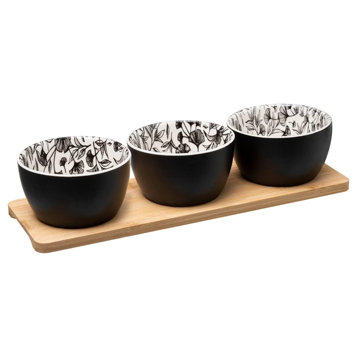 SG Secret de Gourmet Secret de Gourmet Aperitif Set 3 Ceramic Ramekins and 1 Bamboo Tray, Flower/Black, cm