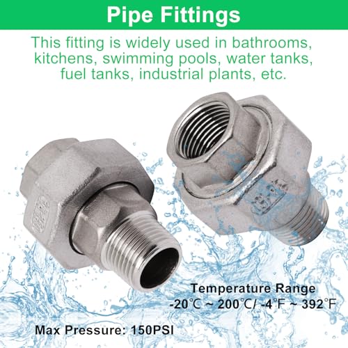 Image of 2Pcs Cast Pipe Fittings Union, 3 /8 inch NPT Female x 3 /8 inch NPT Male Thread 304 Stainless Steel Hex Head for Industrial, Class 150