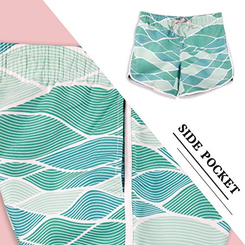 Womens Board Shorts White Beach Quick Dry Fabric Swim Trunks Ocean Travel Sports Hips L-41.8In/106Cm Beach Woman Shorts(L, Wave-Green) #TOP3