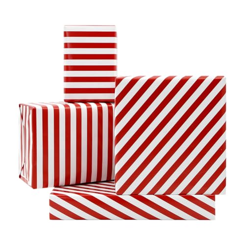 Red and White Wrapping Paper for Women Men Candy Cane Striped Design Christmas Wrapping Paper - 4 Sheets Folded Flat - for Birthday Holiday Wedding Baby Shower