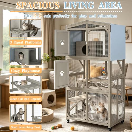 Image of Ketive 66 inch H Large Wooden Catio Outdoor Cat Enclosure with Wheels