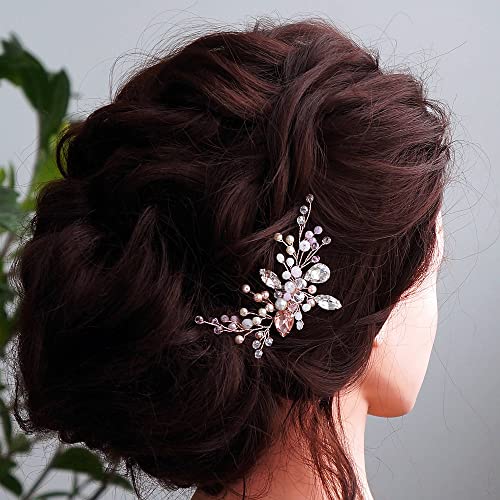 Teyglen Dainty Pink Crystal Rhinestones Bride Wedding Hair Comb Bridal Rose Gold Pearl Beads Side Hair Combs Simple Headpieces Hair Accessories For Women Bride Girls #TOP26