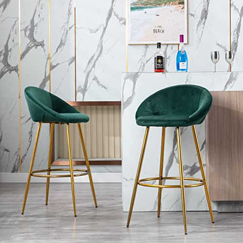 Chairus Bar Stools Set Of 2, 30 Inches Modern Bar Height Stools Chairs With Round Back & Brass Gold Metal Legs, Velvet Upholstered Tall Barstools For Home Bar, Green #TOP1