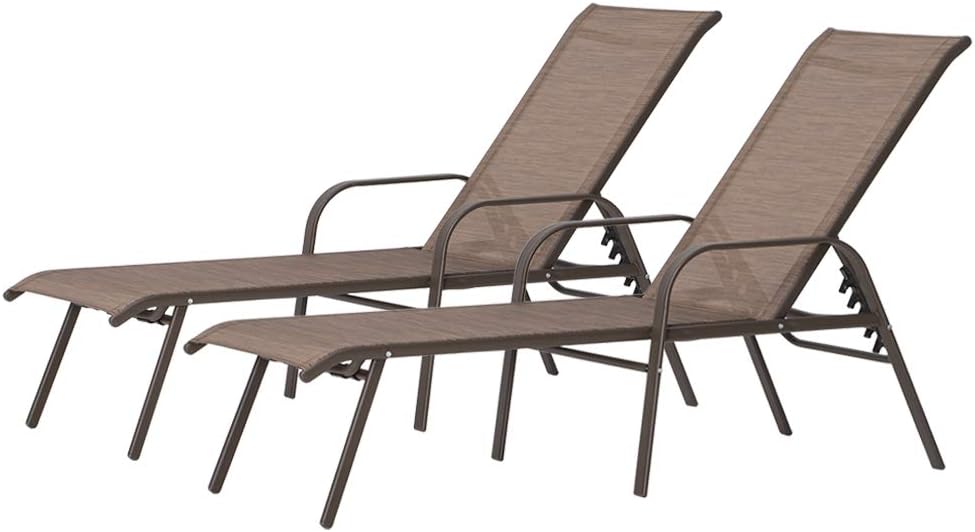 Crestlive Products Adjustable Chaise Lounge Chair, Five-Position and Full Flat Outdoor Recliner for Patio, Deck, Beach, Yard, Pool (2PCS Brown)