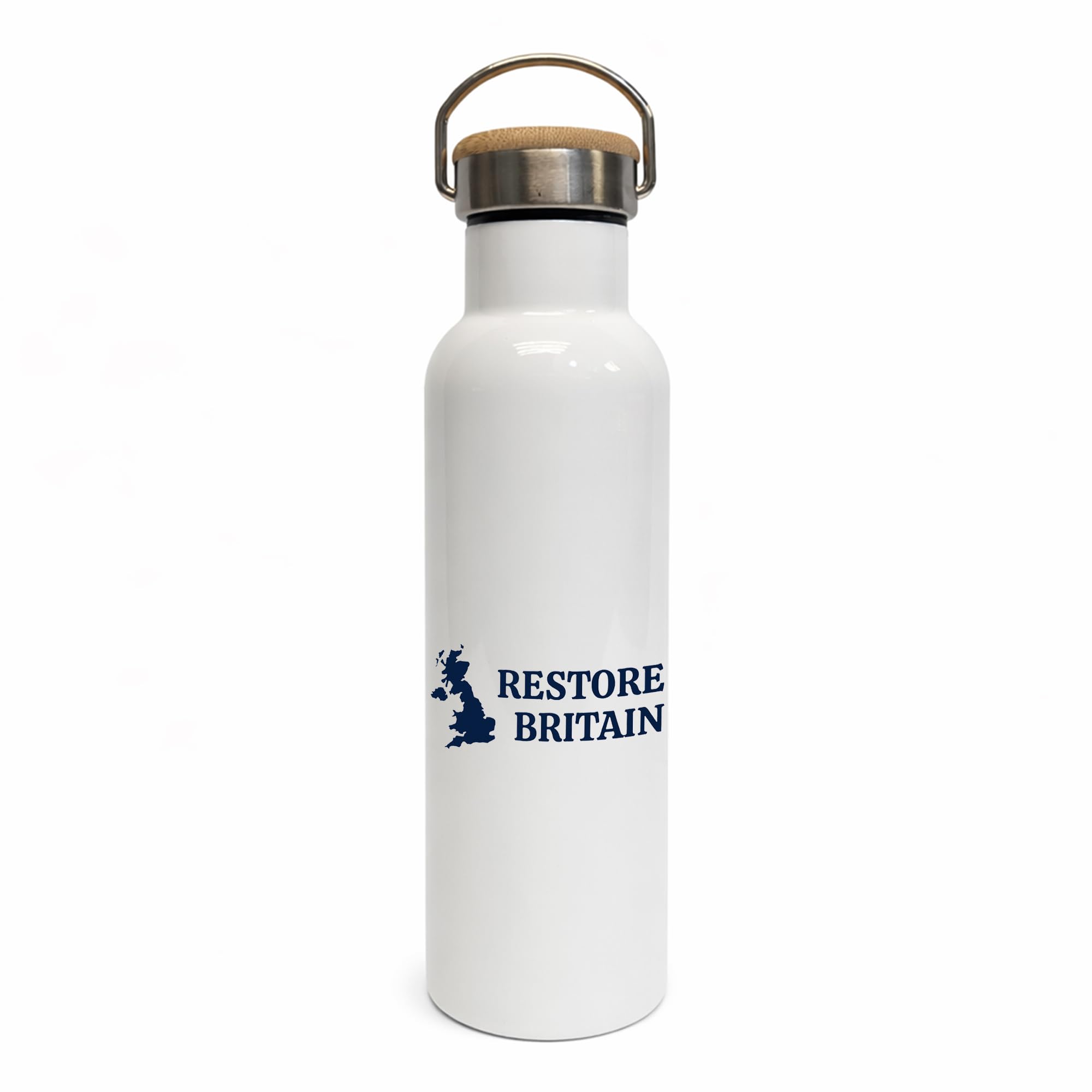 Restore Britain Stainless Steel White Water Bottle with Bamboo Lid | Reusable Metal Drinks Flask for Gym, Travel & Office | Gift Idea