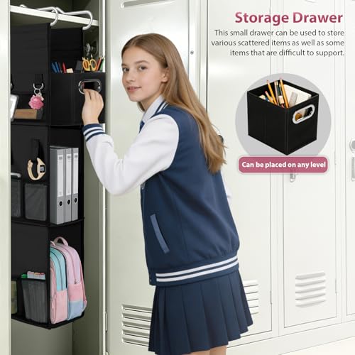 LOVEGRASS Hanging Locker Shelf with Drawer, Hanging Locker Organizer with Side Pockets - Adjustable Shelf from 3 to 2 Shelves for School Locker, Gym, Closet, Garage, 9" x 7" x 38.5" (Black) - Image 4
