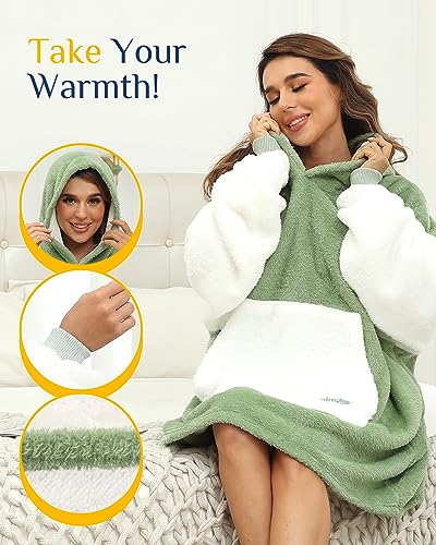 Argstar Übergroße Hoodie Decke tragbare Decken Hoodie leichte Kapuzendecke, kuschelige Samt-Decke,warmes Hoodie mit Tasche und elastischen Ärmeln für Erwachsene Damen und Herren Salbeigrün
