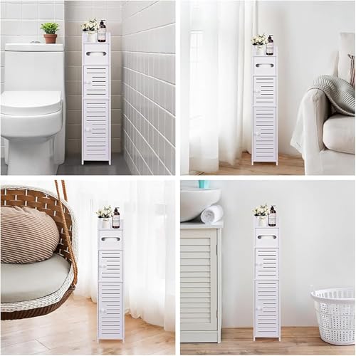 powerking Soporte para papel higiénico, pequeño armario de almacenamiento de baño con puertas y estantes, gabinete de almacenamiento delgado para baño, espacios pequeños, suelo de esquina, color - imagen 5