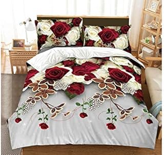 Super Soft Duvet Covers King Size Beds - Luxury Bedding Kingsize Bedding Sets Anti-Allergy 4 Piece Include 3D Printed Duvet Covers Fitted Bed Sheet, 2 Pillow Case - Red & White Rose 310