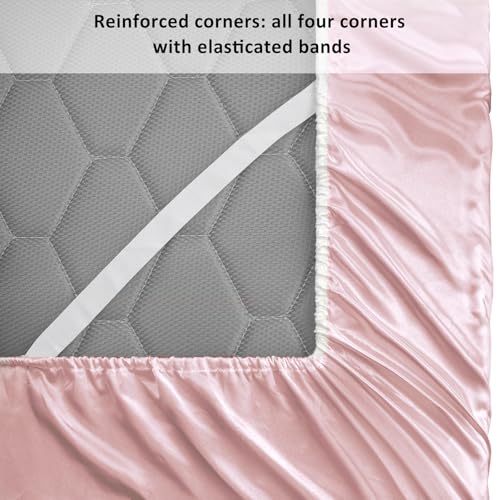 Lirex Satin Fitted Sheet, Luxurious Silky Smooth Polyester Bedding Soft Deep Pocket Bed Sheets Mattress Cover, Twin XL, Light Pink - Image 6