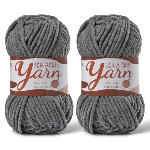 Image of 2 Pack Fluffy Velvet Yarn for Crocheting，Baby Blanket Yarn for Crocheting Soft，100g(131yds) Amigurumi Yarns，Plush Chenille Crochet Yarns，Puzzle Yarn for Crochet Weaving Craft(2 Dark Gray)