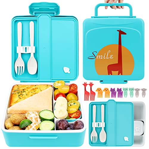 Bento Lunch Box For Kids - Leak Proof, 4-Compartment Lunch Box Kids with Spoon Fork and Sauce Jar +10Pcs Cartoon Fruit Fork, Portable & Handle, Dishwasher & Microwave Safe, BPA-Freeï¼ˆUpgrade Blueï¼‰