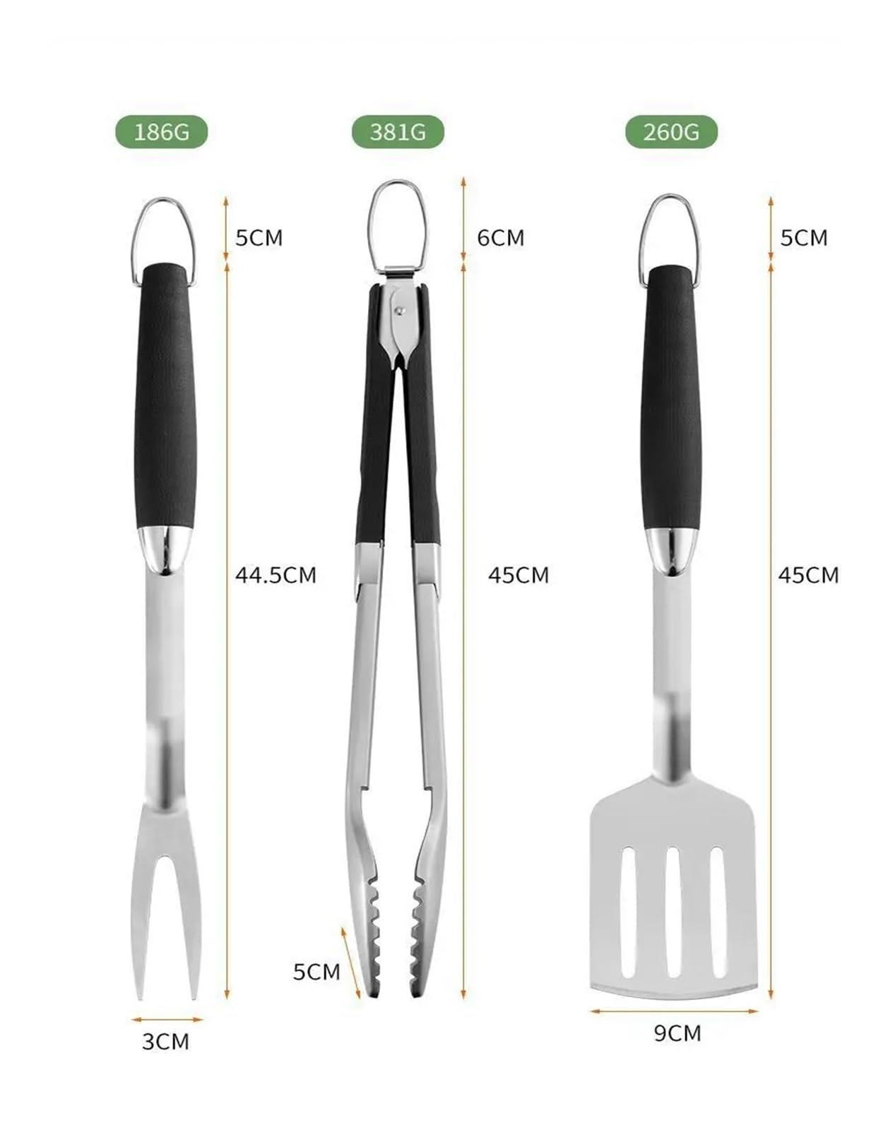 Generisch 3-teiliges Grillbesteck-Set aus Edelstahl, Grillgabel, Zange, Grillspatel for tragbares Grillen und die Verwendung in der Küche