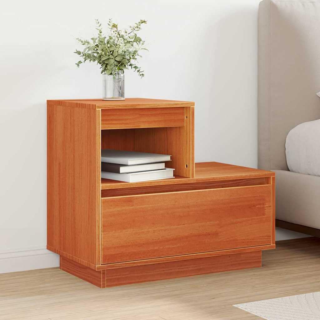 Table de chevet marron ciré 60cm en bois avec tiroir de rangement rustique