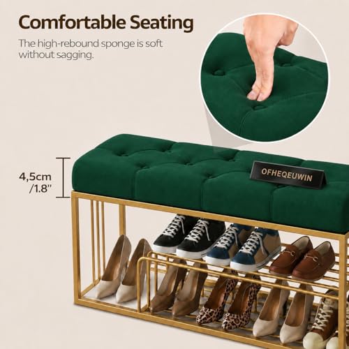 Image of Entryway Shoe Rack with Velvet Cushioned Seat, Shoe Bench for Entry, 2 Shelves Storage Bed Bench
