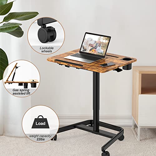 Joy Worker Mobile Standing Desk, Pneumatic Height Adjustable Table, 60° Tiltable Rolling Laptop Desk, Portable Sit Stand Desk With Wheels Cup Holder For Bed Couch Hospital, Holds Up To 22Lbs, Rustic #TOP4