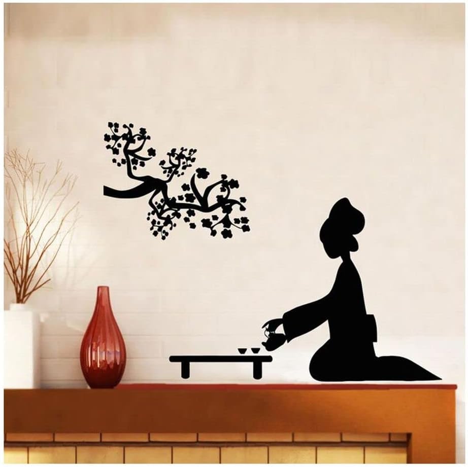 GADGETS WRAP Vinyl Decal Oriental Wall Stickers Geisha and Japanese Tea Ceremony Cherry Blossoms Home Decorative Bedroom Art Vinyl Wall Decoration Sticker