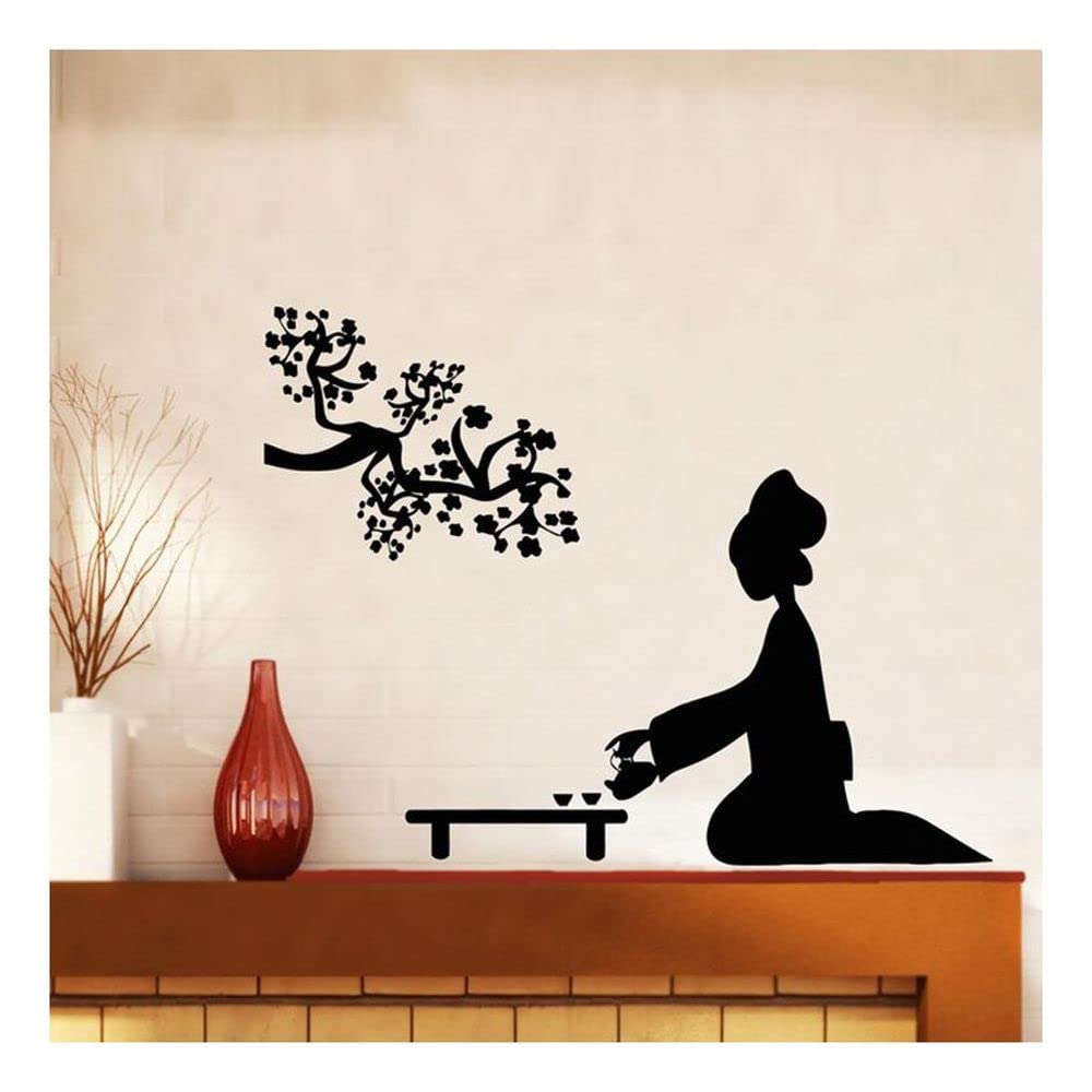GADGETS WRAP Vinyl Decal Oriental Wall Stickers Geisha and Japanese Tea Ceremony Cherry Blossoms Home Decorative Bedroom Art Vinyl Wall Decoration Sticker