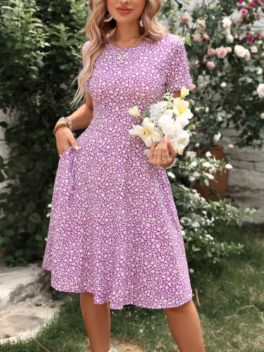 Image of Women's 2026 Fit and Flare Dress Summer Casual Elegant Vintage Floral Printed Work Party A-line Dress with Pockets 162
