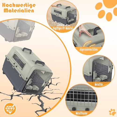FIVMEN Hundebox Transportbox Hund 80x57x70 cm Hundetransportbox mit Rollen und Eisen Fenstern Türen Tiertransportbox Flugzeugbox für Hunde Flugzeug Auto Reise & Transport
