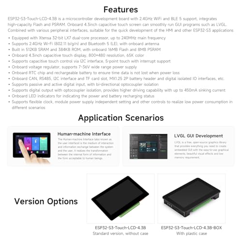 Waveshare ESP32-S3 4.3inch Capacitive Touch Display Development Board B, 800×480 Resolution, 5-Point Touch, 32-Bit LX7 Dual-Core Processor, 240MHz Frequency, with Onboard Antenna and Plastic Case - Image 5