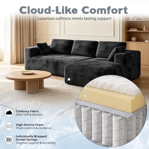 Image of 106 inch Corduroy Sectional Couch, Boneless L Shaped Couch with Deep Seat, Cloud Foam Sofa with Oversized Chaise, Sectional Sofa No Assembly Needed for Living Room