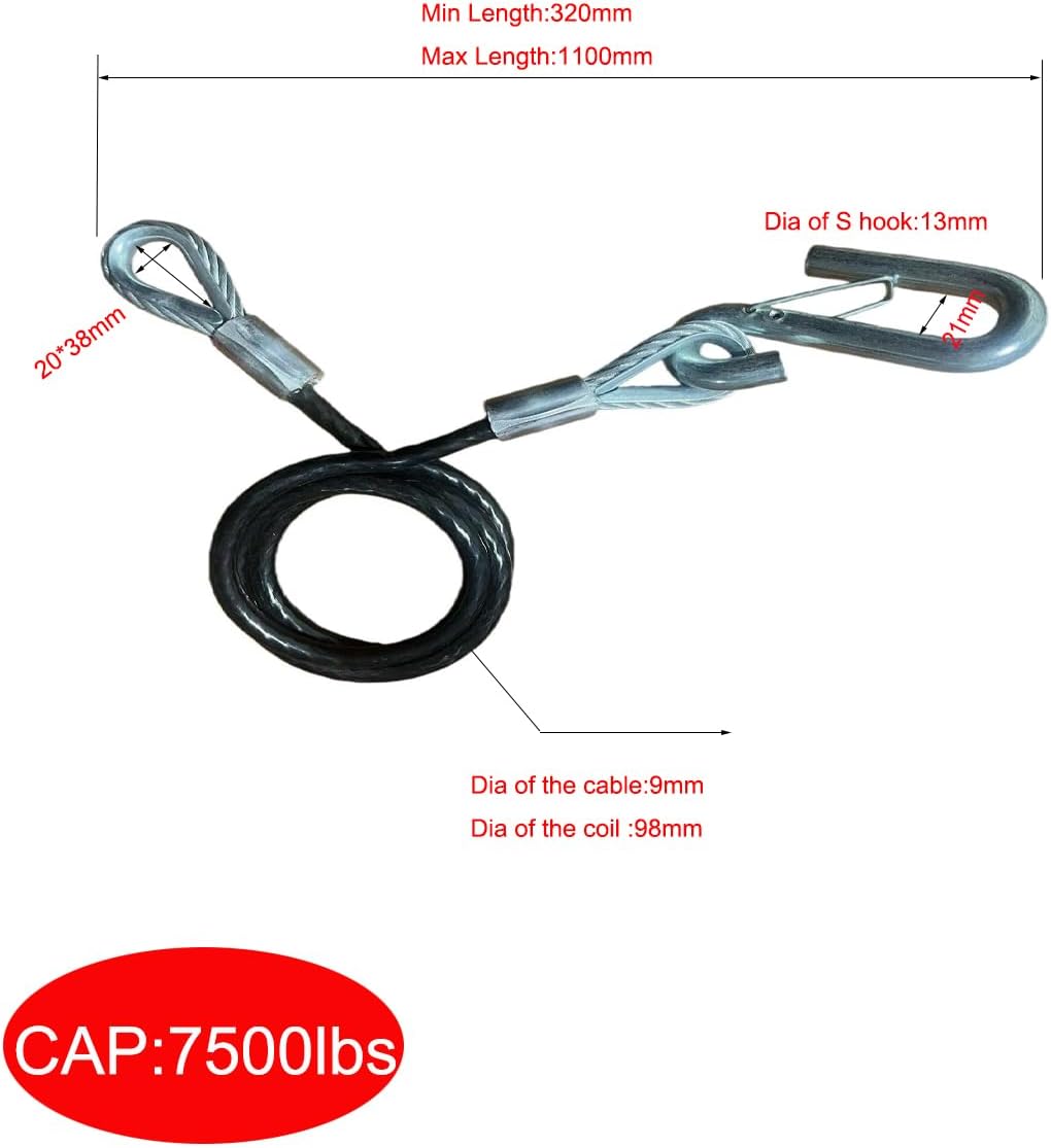 44-Inch Vinyl-Coated Trailer Safety Cables, in Snap Hooks, 7500 lbs Break Strength, Pack of 2, Black