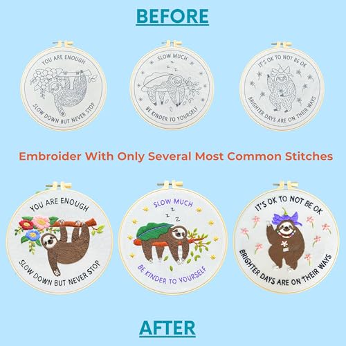 Image of La glaneuse 3 Pack Embroidery Kit for Adult, Beginner Embroidery Kit of Positive Sloth Patterns with Positive Healling Quotes for Mental Healing