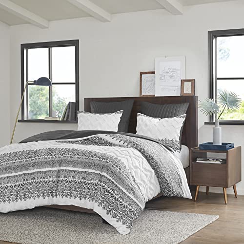 Image of Ink+Ivy Queen Comforter Set, Chic Chevron Chenille Tufting, Boho Comforters, All Season, Lightweight Cotton Comforter Bedding, 2 Shams, Mila, Full Grey 3 Piece