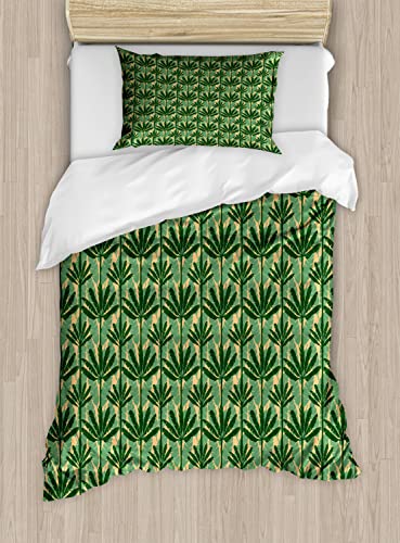 Ambesonne Banana Leaf Duvet Cover Sets, Overlapping Windmill Palm Trees and Leaves Pattern, Bedding Set with 2 Duvet Covers & 4 Pillowcases, 2 Pack King Size, Pale Yellow Jade Green
