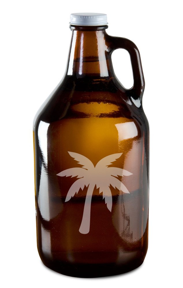 Tropical Palm Tree Hand-Made Etched Glass Beer Growler 64 oz