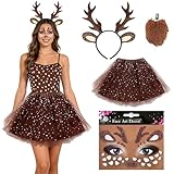 Reh Kostüm Damen Zubehör Set: Dieses liebevoll zusammengestellte Reh Kostüm Zubehör Set enthält Geweih Haarreif mit 1 Geweih-Haarreif, 1 Gesichtsaufkleber, 1 Reh-Schwanz und 1 leichten Tüllrock – alles, – was Sie für ein vollständiges Rentier Kostüm benötigen.