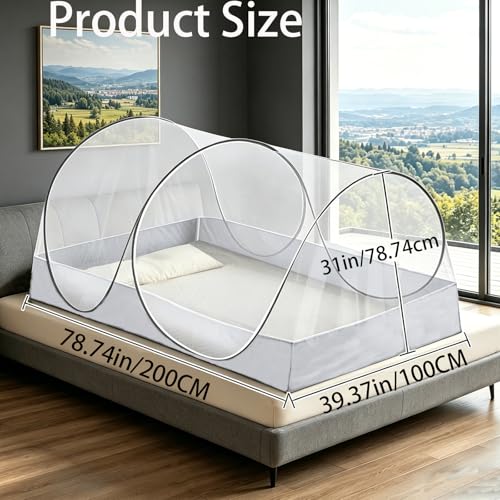 Image of CMINGJ Foldable Mosquito Net Tent Portable Mosquito Net Pop-Up Travel Mosquito Net for Bed Free Installation-Suitable for Baby Adults Bedroom, Camping, nap, Patio (Large-Side Zipper(White net))