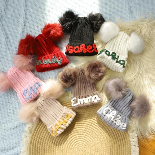 Personalized Baby Name Beanie Hat,Custom Newborn Pom Pom Hats,Hand Embroidered Knitted Beanie with Baby's Name,Winter Knit Hats for Infant Baby3