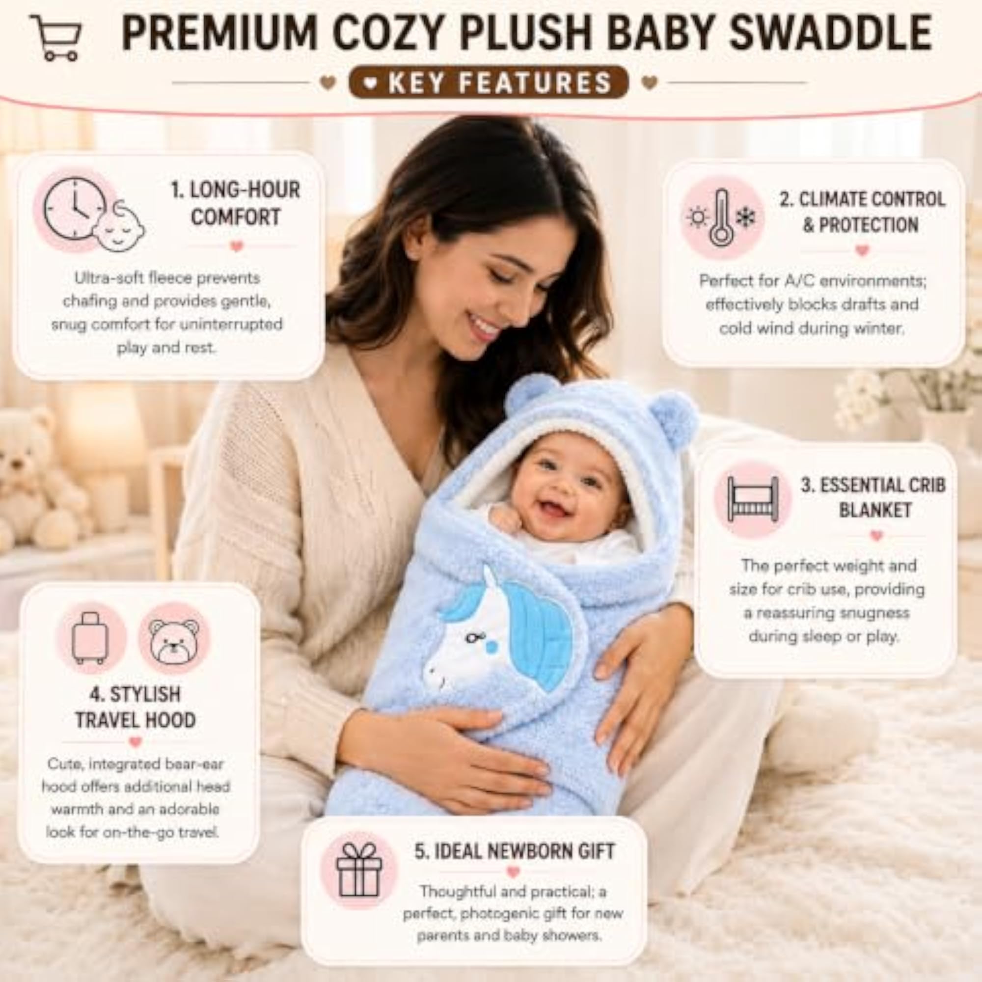 Baby Swaddle Blanket, Soft Hooded Newborn Wrap