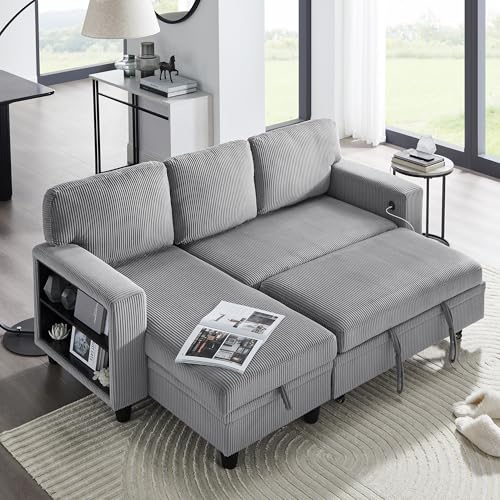 Redlemon 80"Sleeper Sofa Bed,L-Shaped Convertible Sectional Striped Couch Bed With Storage Chaise,2 Built-In Bookshelves And Usb Charging Port thumb #2
