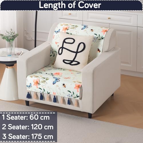 Image of HOKIPO Sofa Cover with Tassel for 1 Seater Sofa | Full Protection for Seat and Back | Printed Holland Velvet Fabric | 'Whispers of Nature' (160x60 cm), Pastel Butterfly Meadow (IN-1125-D2)