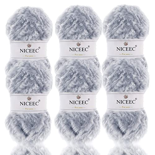 Image of NICEEC Faux Fur Yarn Super Soft, Chunky & Fluffy, Eyelash Yarn for Crochet & Knitting(Total Length 210yds /10.6oz) - Light Grey /300g