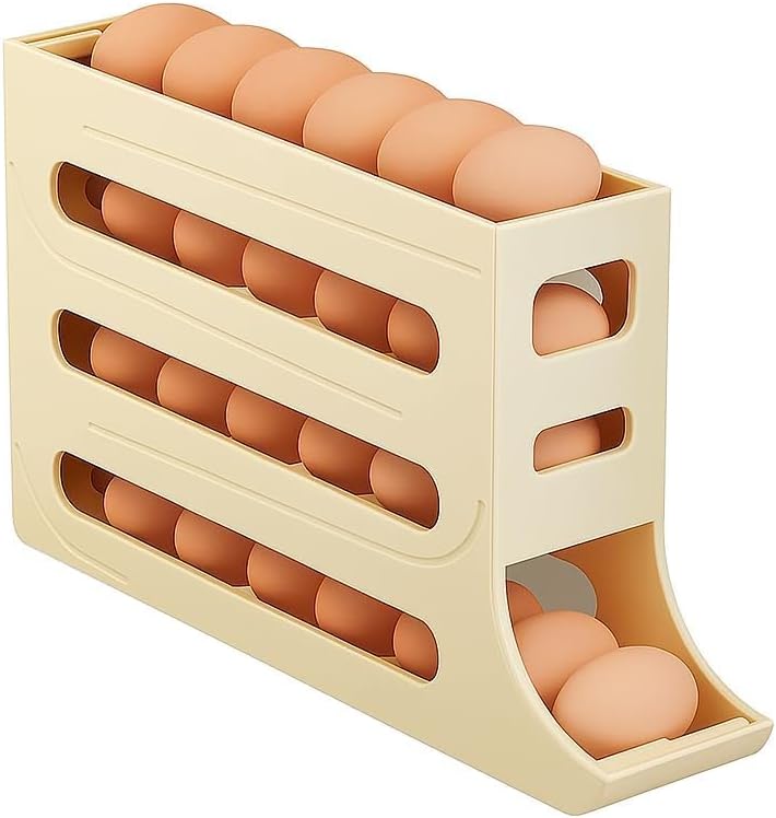 Nitevo 4-Tier Automatic Egg Dispenser for Refrigerator – Holds 30 Large/Jumbo Eggs, Space-Saving Rolling Egg Organizer, BPA-Free Plastic, Easy-Clean Fridge Storage (OFF WHITE)