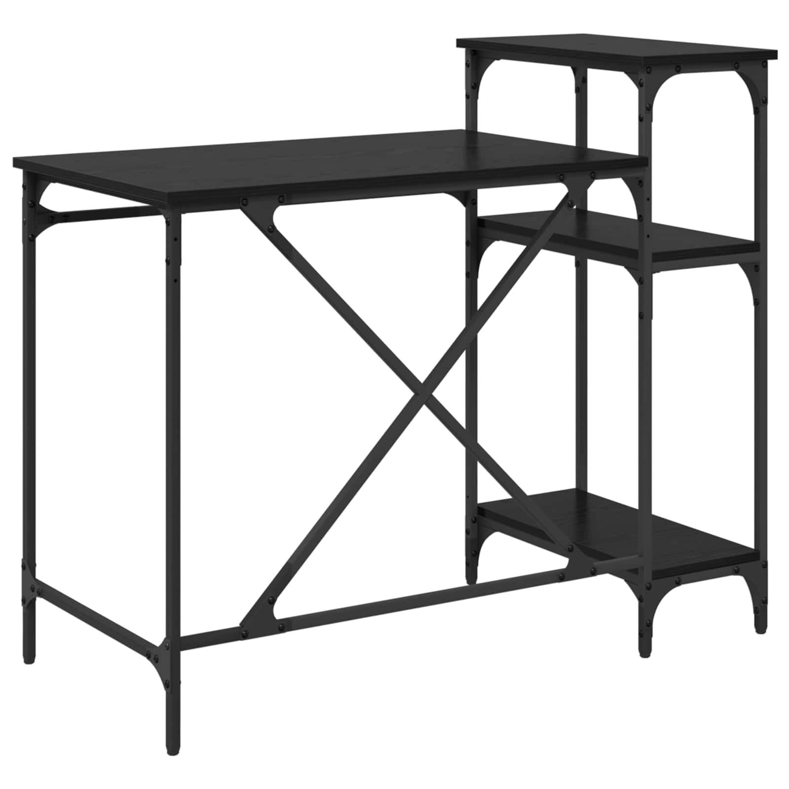 Scrivania con ripiani, 105 x 50 x 90 cm, scrivania industriale per computer, colore nero, effetto rovere, stabile tavolo da ufficio in legno per casa, stile loft urbano