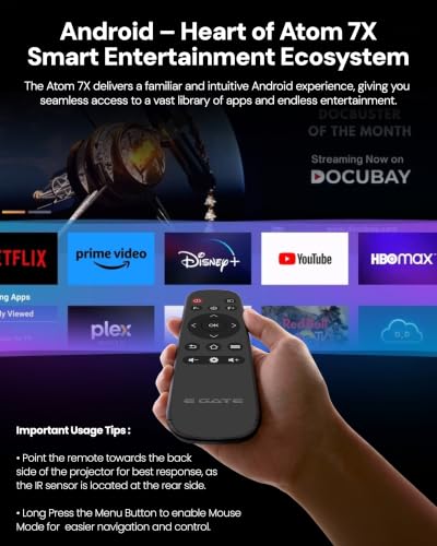 Image of E GATE Atom 7X, C-Type USB, Fully Automatic Projector 4k Ultra HD | Brightest 700 ISO | Native 1080p | Android 12, Netflix, Prime, LiveTV (100+ Free Channels) | USB-HDMI ARC+CEC | HDR+HLG+WiFi6, Egate