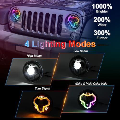 POVTOR 7 Inch RGB Halo LED Headlights for Jeep Wrangler - Image 3