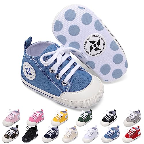 Image of Baby Boys Girls Star High Top Sneaker Soft Anti-Slip Sole Newborn Infant First Walkers Canvas Denim Shoes