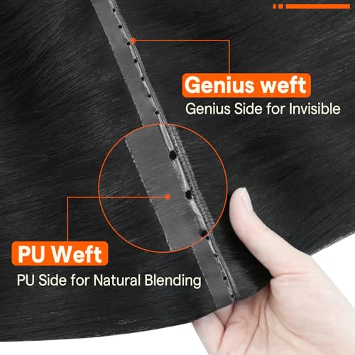 Image of Full Shine Butterfly Weft Hair Extensions Human Hair, Jet Black 16 Inch 90g | 5Pcs Straight Hairpieces, Invisible Pu Holes, Comfortable Genius Weft, Lightweight Micro Bead Hair, Natural Look for Women