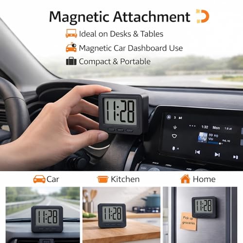 Image of Mini Digital LCD Clock | 6cm Small Desk Table for Bedroom, Office & Study | Magnetic Back for Wall /Fridge | 12 Hour Time Format | Battery Operated