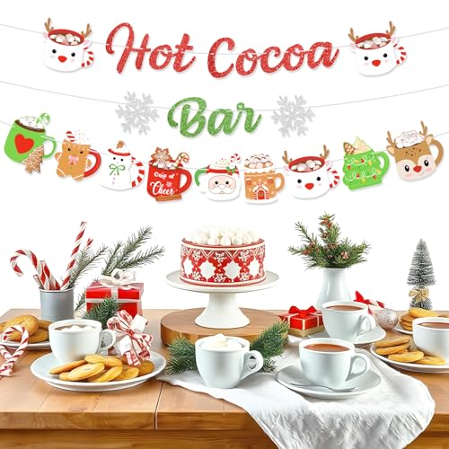 Christmas Hot Cocoa Bar Banner Decoration, Glitter Green Red Hot