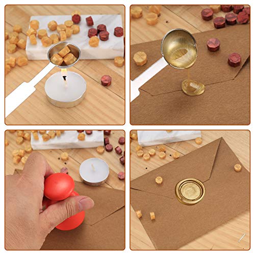 Siegelwachsperlen, achteckige Wachsstifte, Wachssiegel-Set mit Kerzen, Teelöffel, für Wachssiegel, Buchstabenwachsperlen – 320 Stück/Rot, Gold