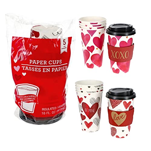 Kd Valentine's Day Insulated Paper Coffee Cups With Lids Printed Heart Cups Café And Restaurant Hot And Cold Drinks Party Disposable Cup Perfect For Christmas, Valentine's And Birthday- 5Ct/16Oz #TOP3