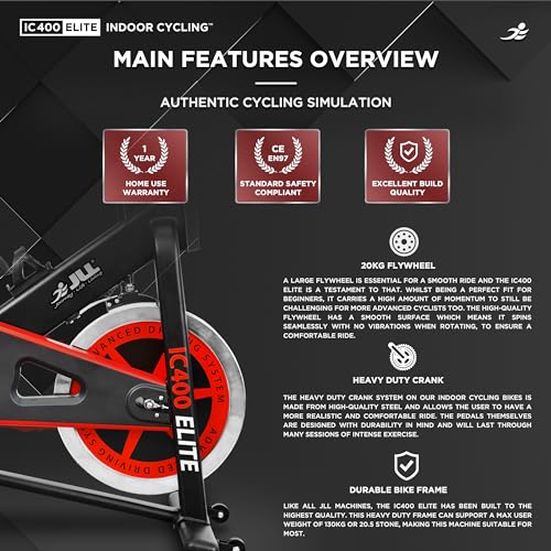 JLL IC400 ELITE Indoor Bike, Direct Belt Driven Exercise Bike For Home, 20kg Flywheel, Friction Resistance, Monitor, Heart Rate Sensors, Adjustable Seat, 12 Months Domestic Warranty, Black and Red - Image 5