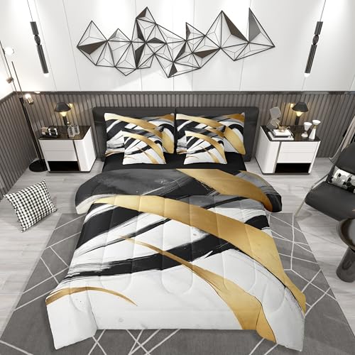 jejeloiu Juego de edredón negro y blanco dorado, 7 piezas, tamaño Queen, juego de ropa de cama de línea abstracta para niños, niñas y adolescentes, cama geométrica moderna en una bolsa, microfibra